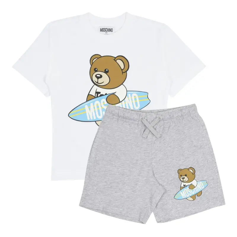 Moschino White Surfer Teddy Bear T-Shirt and Shorts Co-ord Set Les Petits Les Petits