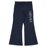 Versace Girls Navy Blue Embellished Logo Jersey Trousers