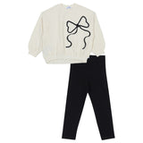 Mayoral Off White Sweatshirt Crop With Black Legging Bow Print