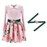Monnalisa Pink Rose Print Dress With Detachable Rose Belt