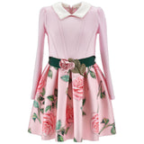 Monnalisa Pink Rose Print Dress With Detachable Rose Belt