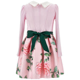 Monnalisa Pink Rose Print Dress With Detachable Rose Belt
