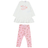 Monnalisa Ivory & Pink Cotton Bow Leggings Set