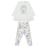 Monnalisa Ivory Leggings Set With Vintage Blue Rose Print