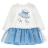 Monnalisa White Jersey & Blue Tulle Dress