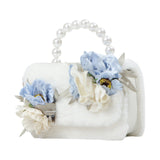 Monnalisa White Mini Bag With Blue Plush Flowers