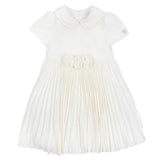 Monnalisa Ivory Pleated Dress With Rose Appliques