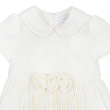 Monnalisa Ivory Pleated Dress With Rose Appliques