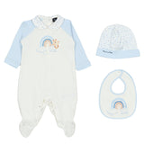 Monnalisa White & Blue Cotton Rainbow Bear Babysuit Set