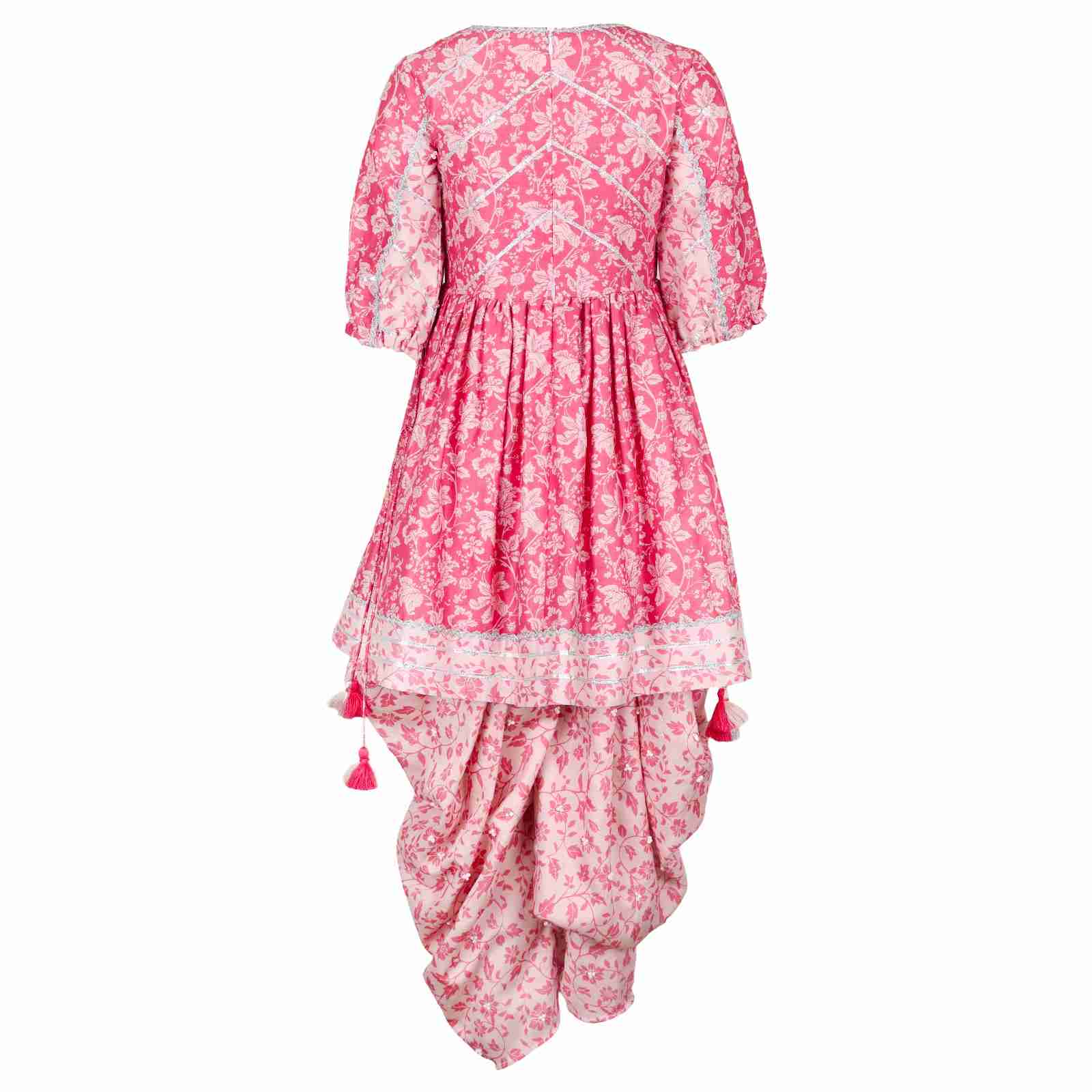 Back view of pink floral girls' kurta and dhoti pants set