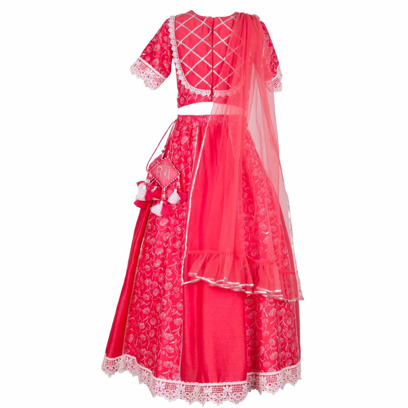 Red floral girls' lehenga choli with sheer dupatta and tassels