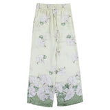 Monnalisa Green Satin Floral Print Wide Leg Trousers