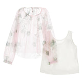 Monnalisa Pink Floral Tulle Blouse With Sleeveless Jersey Top