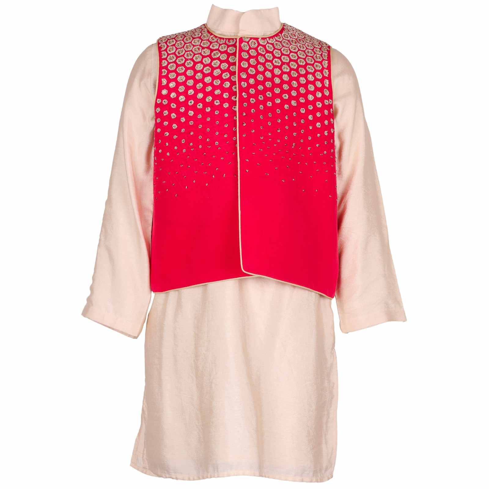 Beige boys' kurta with red embellished waistcoat, close-up front view