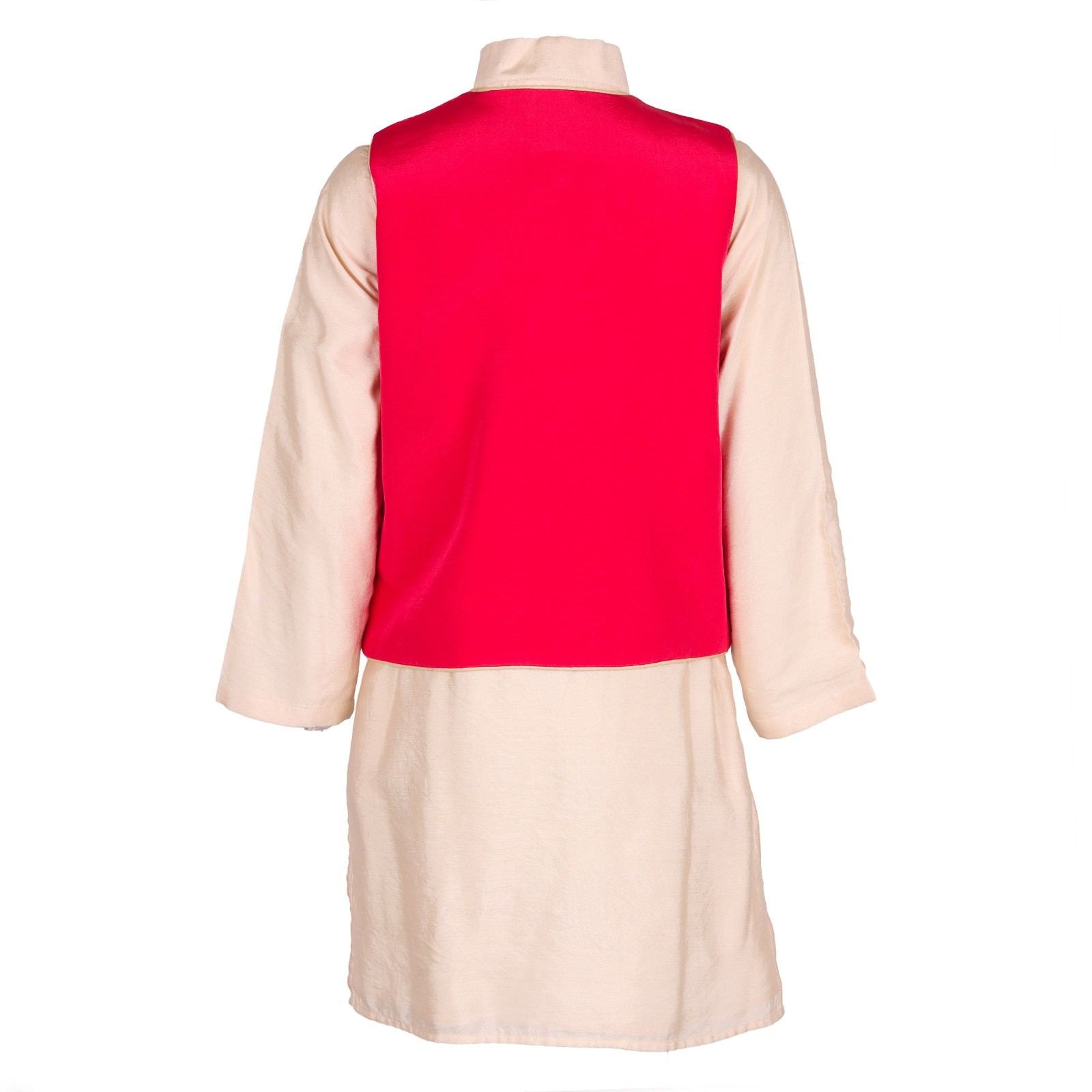 Back view of boys' beige kurta with bright red waistcoat