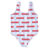 Moschino White All-Over Stripes & Logo Print Swimsuit