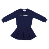 Versace Navy Blue Logo-Applique Pleated Dress
