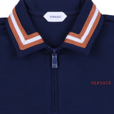 Versace Navy Embroidered-Logo Stretch Pique Zip Polo