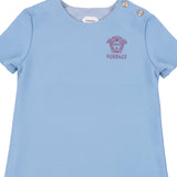Versace Blue Dress Embroidered-Logo Milano-Stitch Dress