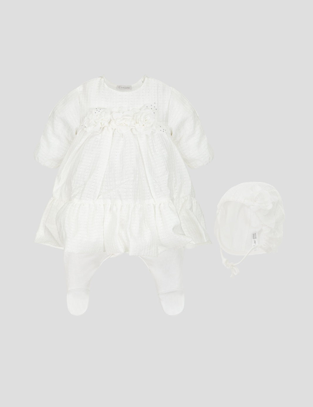 Ivory baby dress, footed leggings and bonnet set with floral appliques