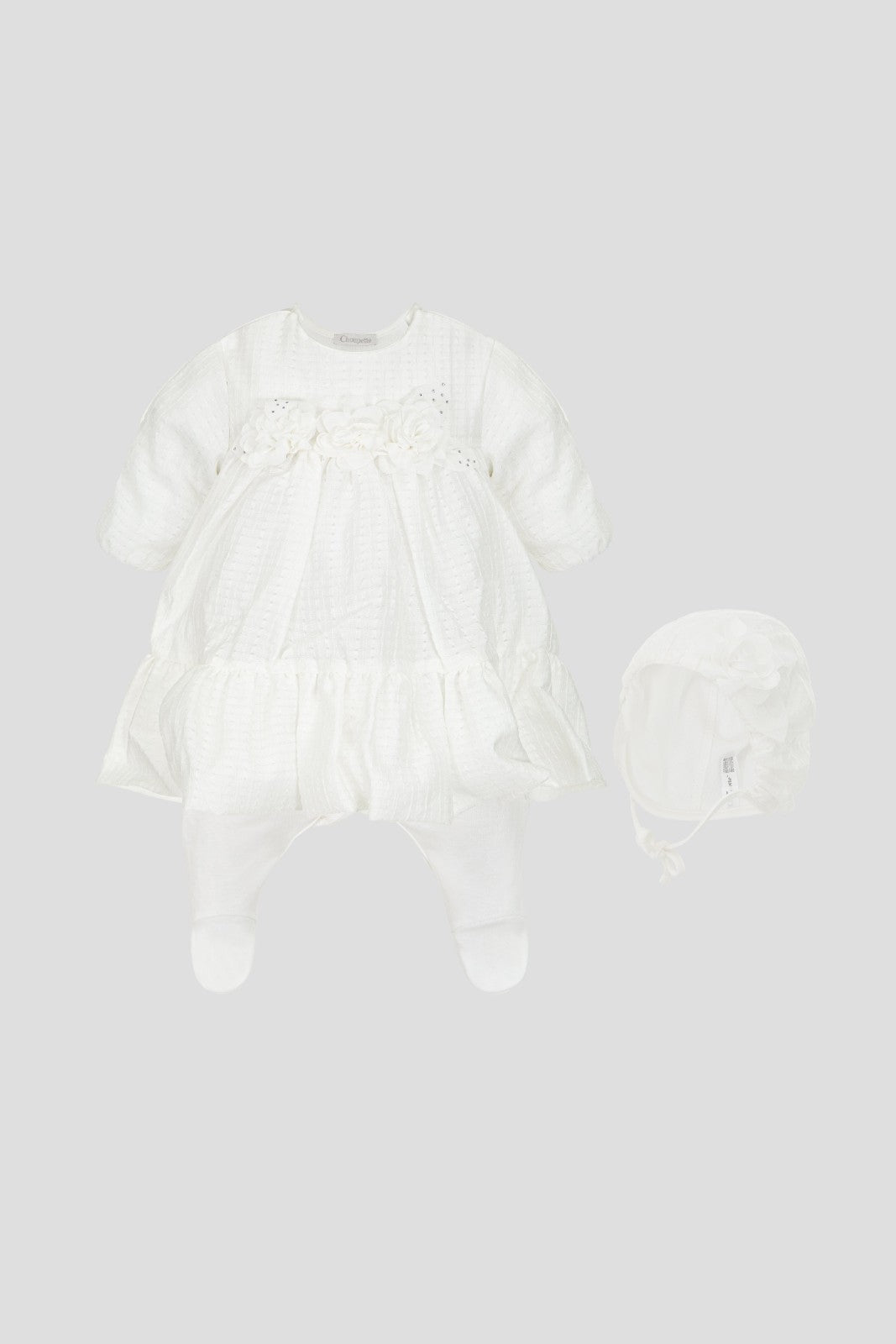 Ivory baby dress, footed leggings and bonnet set with floral appliques