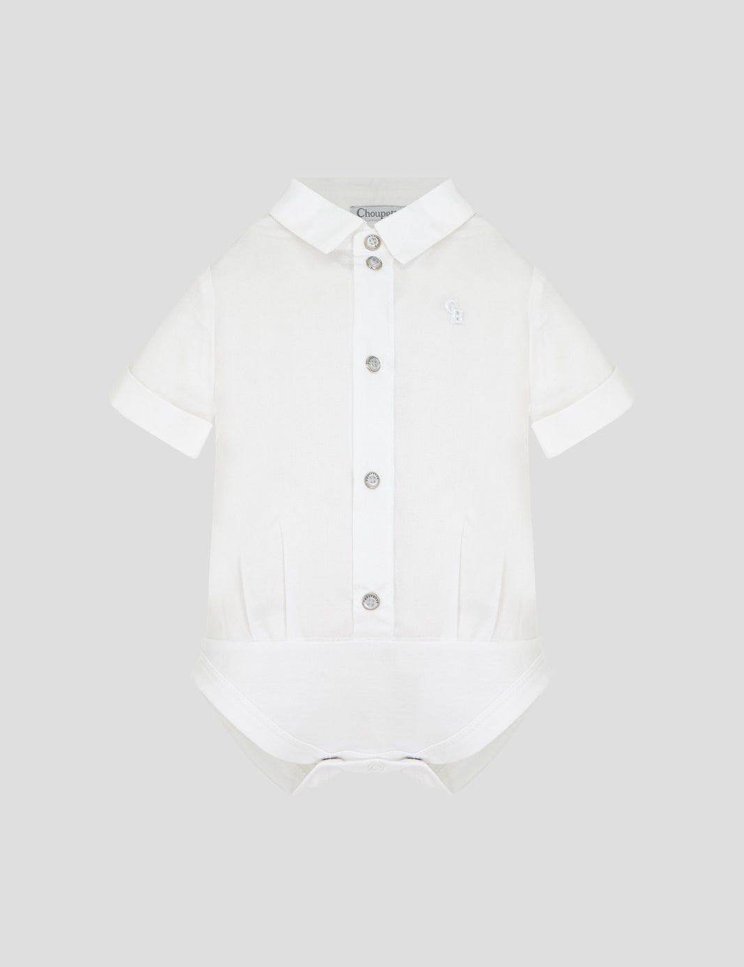 White short-sleeve baby bodysuit with polo collar and button front