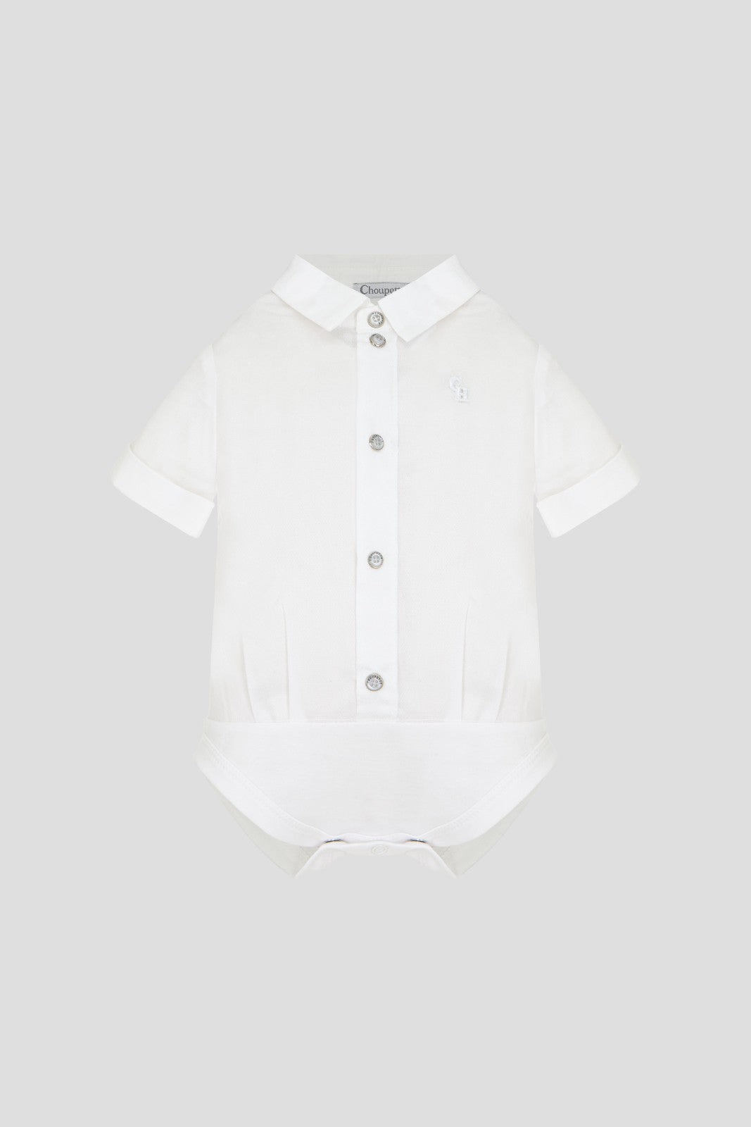 White short-sleeve baby bodysuit with polo collar and button front