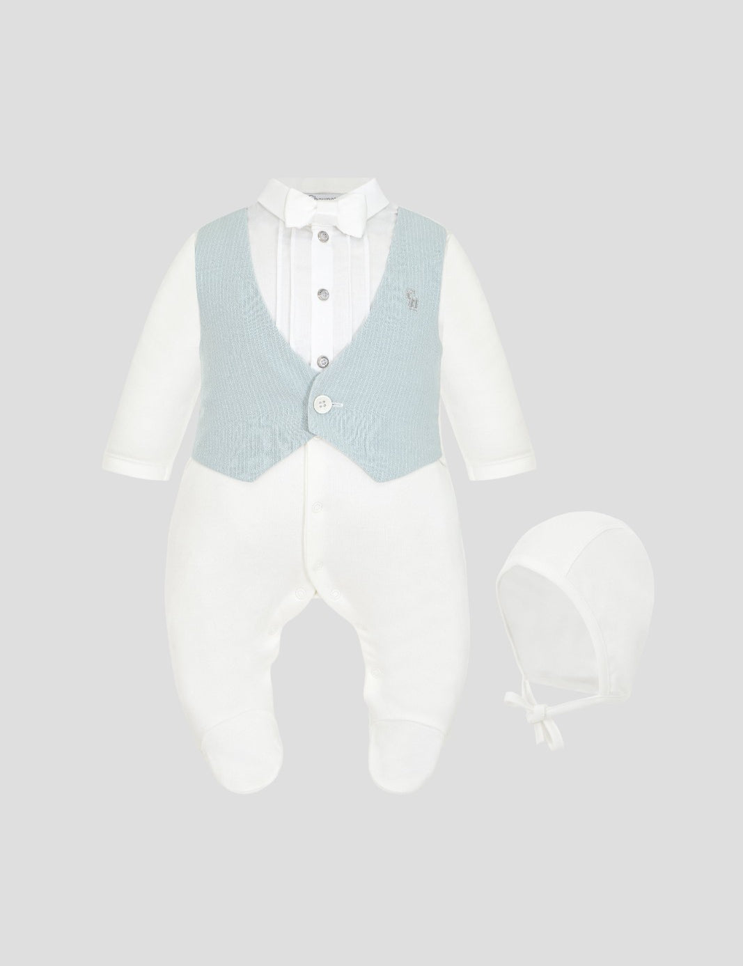 Ivory baby romper and bonnet set with pale blue waistcoat design
