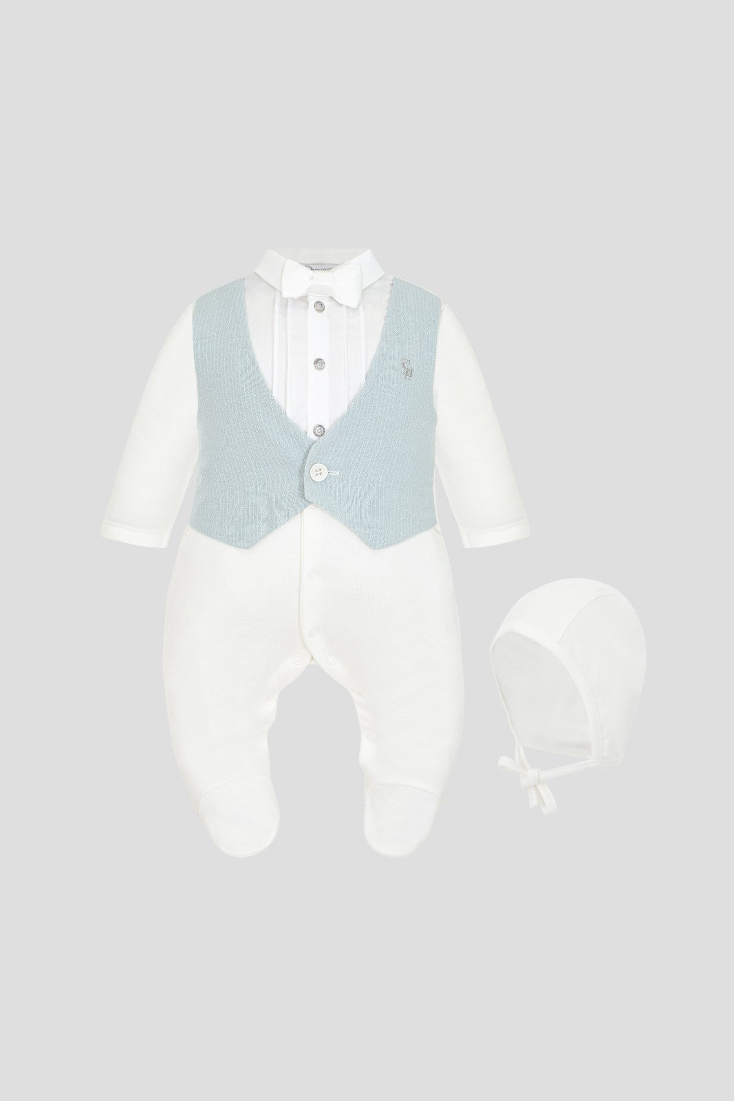 Ivory baby romper and bonnet set with pale blue waistcoat design