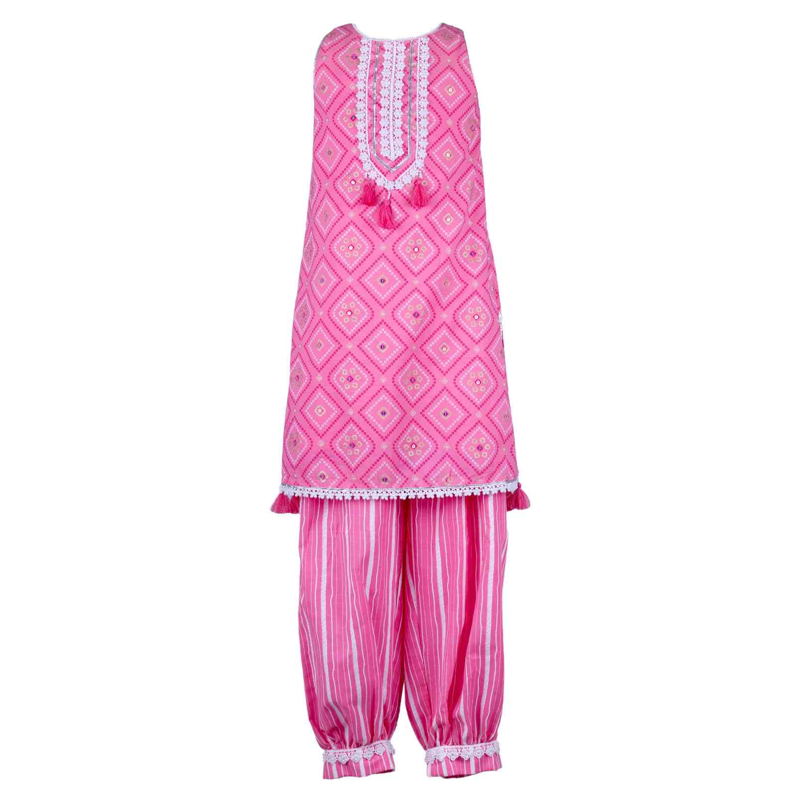 Pink girls' kurta and striped salwar set with mirror work and tassels