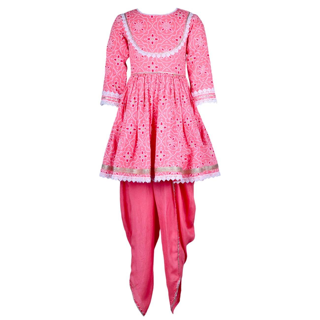 Pink printed girls' kurta and dhoti pants set with lace trim