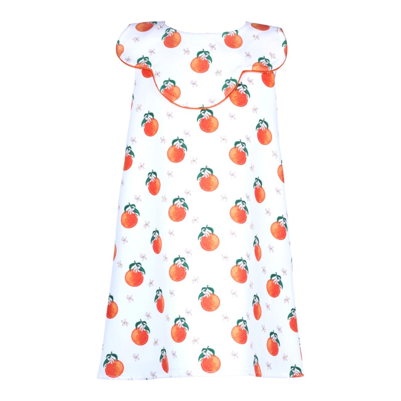 White girls' shift dress with orange fruit print and ruffled yoke