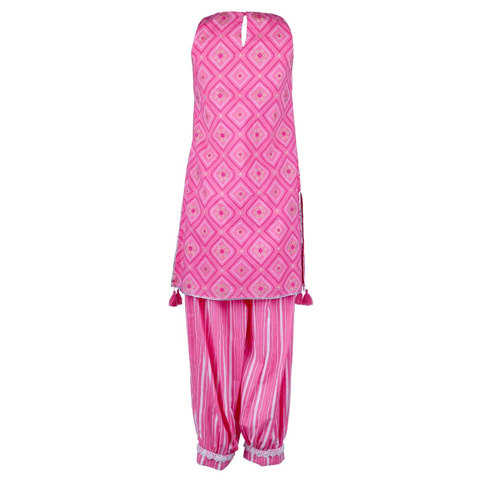 Pink geometric-print girls' kurta and striped salwar set with tassels