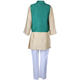 Rang Beige & Green Embroidered Nehru Jacket Kurta Pyjama Set