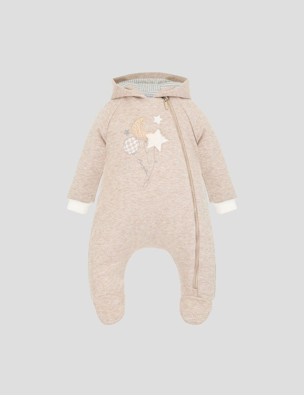 Beige hooded baby sleepsuit with moon, stars and balloon applique
