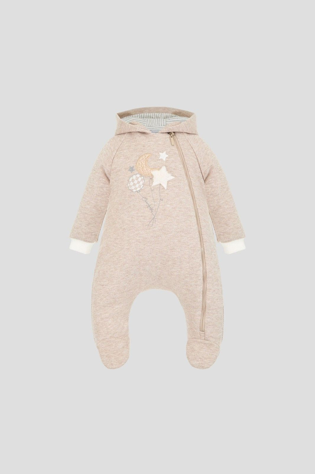 Beige hooded baby sleepsuit with moon, stars and balloon applique