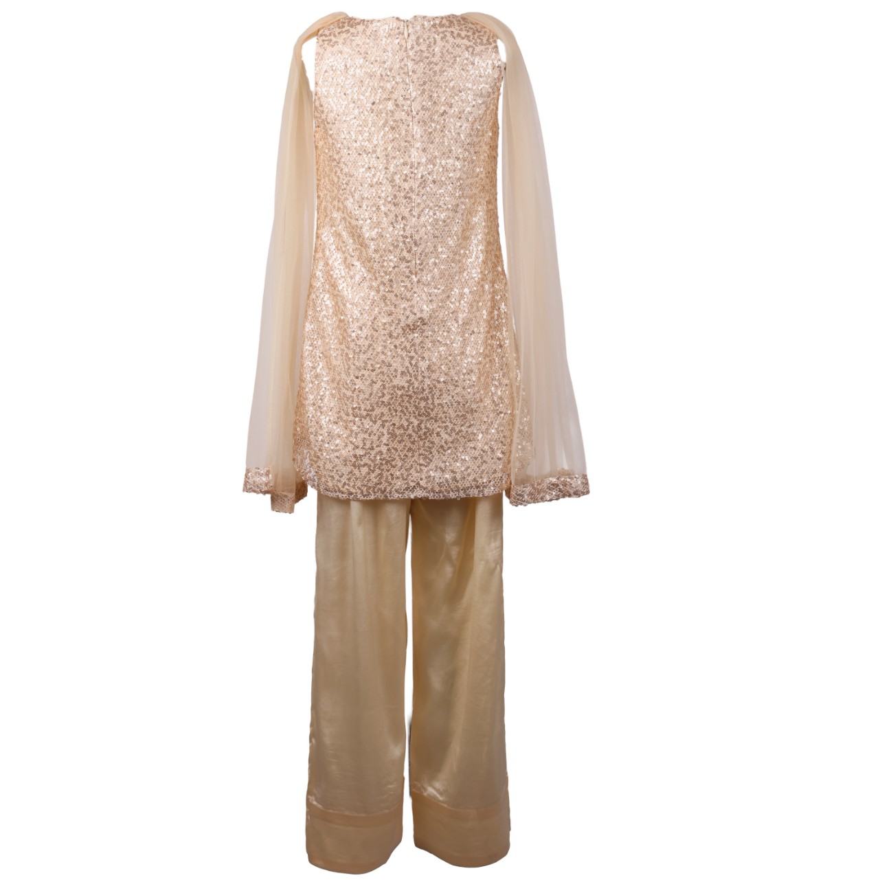 Back view of beige sequin girls' tunic with sheer cape and satin trousers