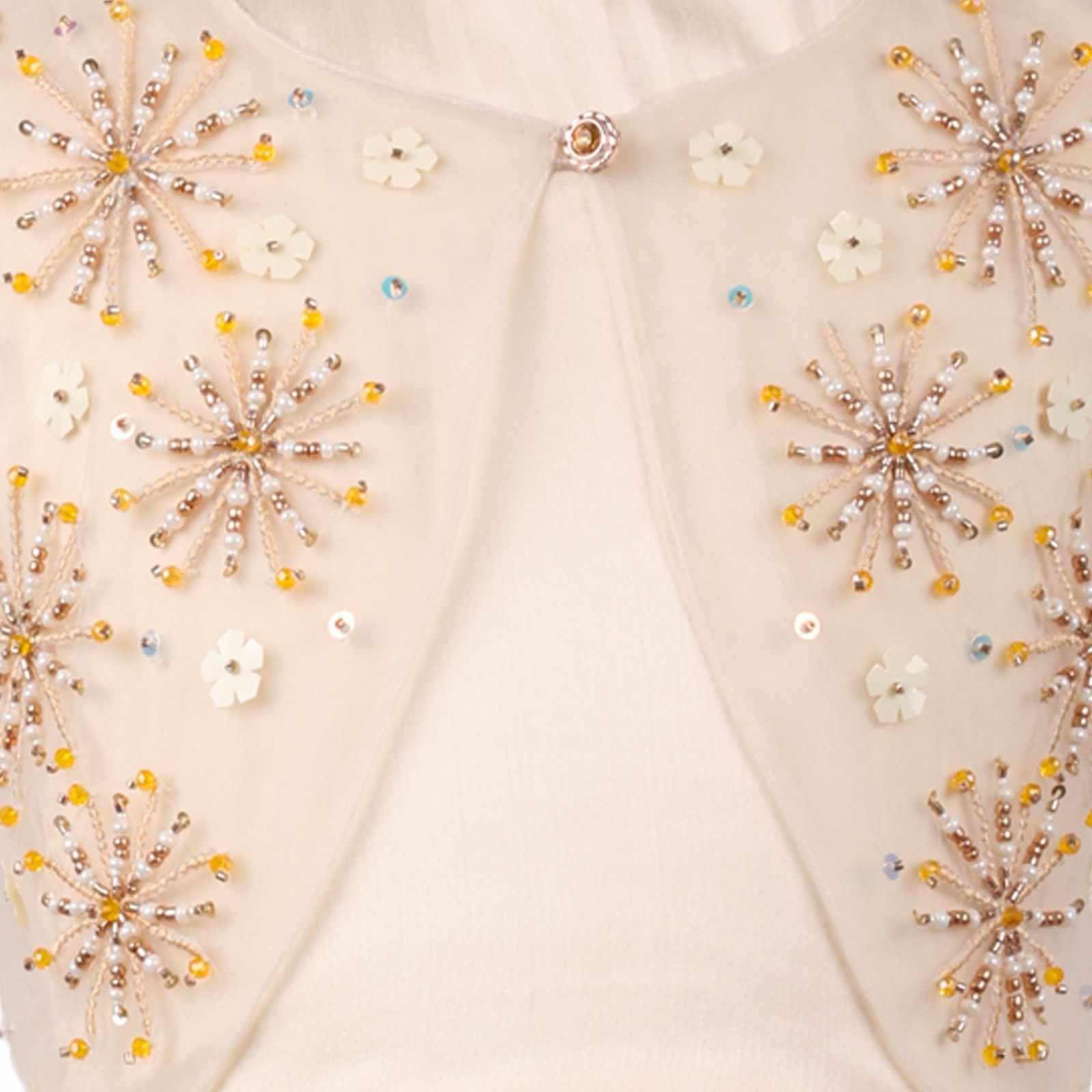 Close-up of ivory sheer fabric with beaded floral embroidery
