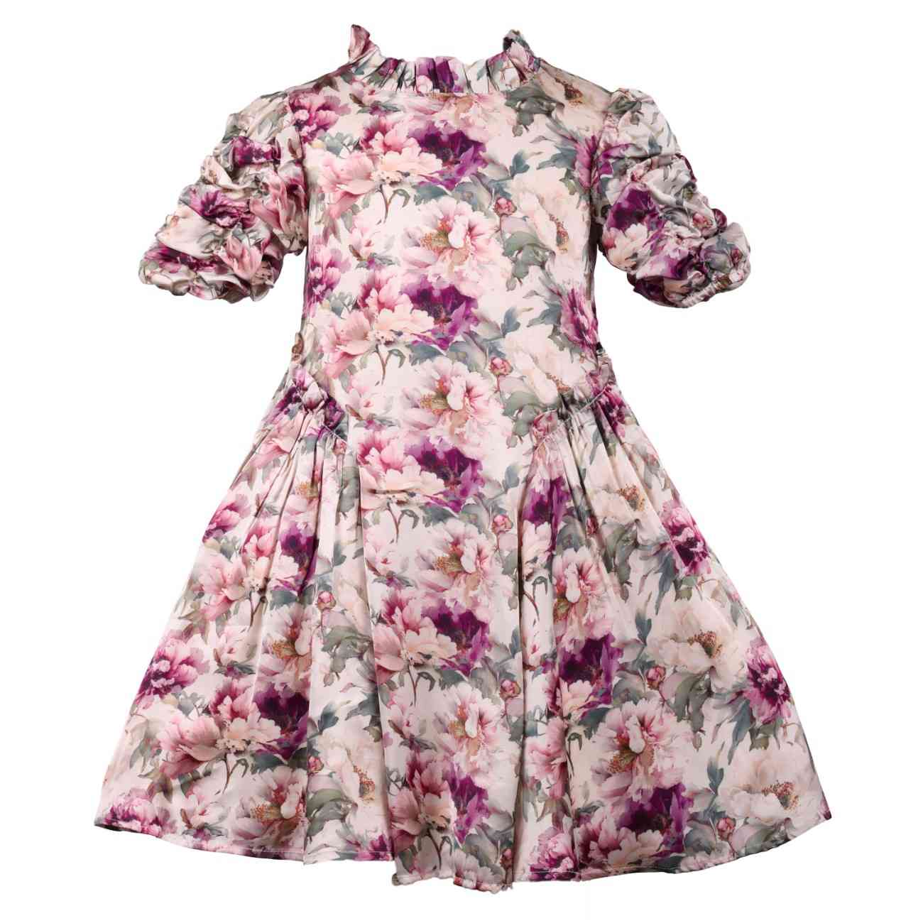Girls' floral puff-sleeve dress in pink, purple and cream
