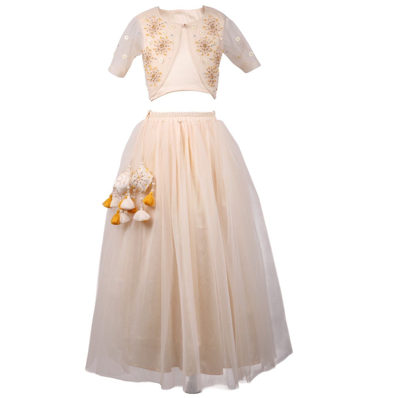Ivory girls' lehenga set with embroidered cropped jacket and tassels
