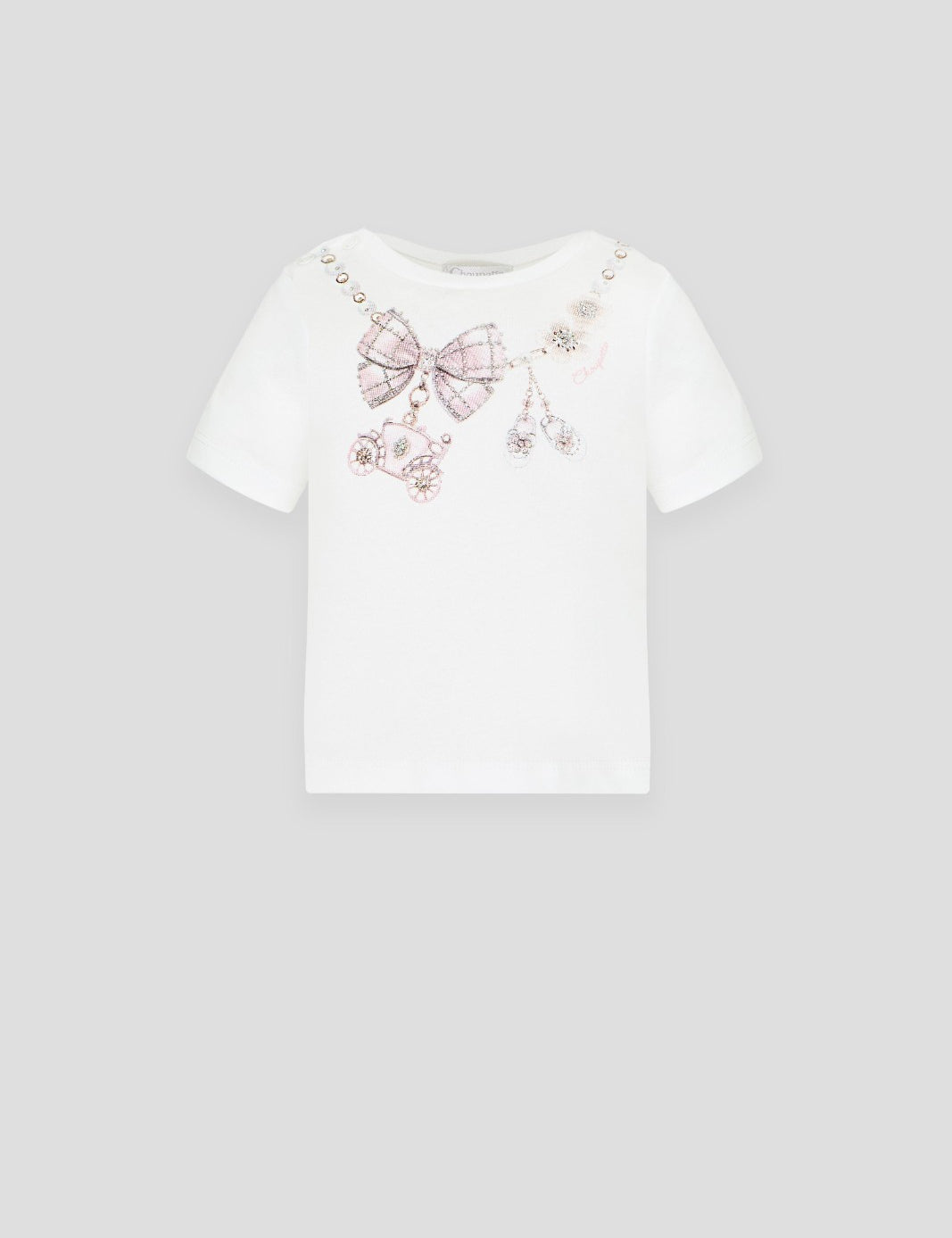 White girls' T-shirt with embellished bow, carriage and jewellery motifs