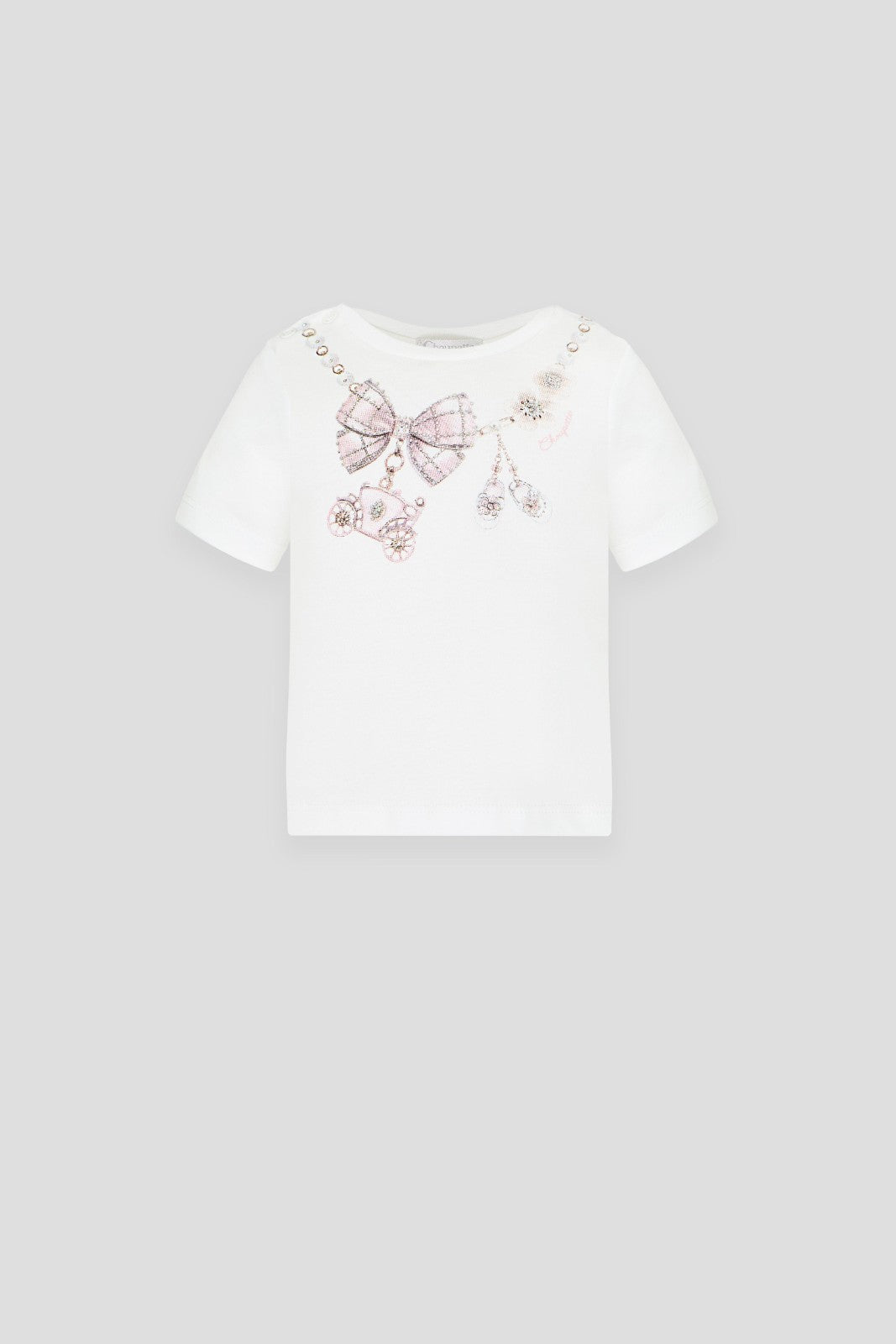 White girls' T-shirt with embellished bow, carriage and jewellery motifs