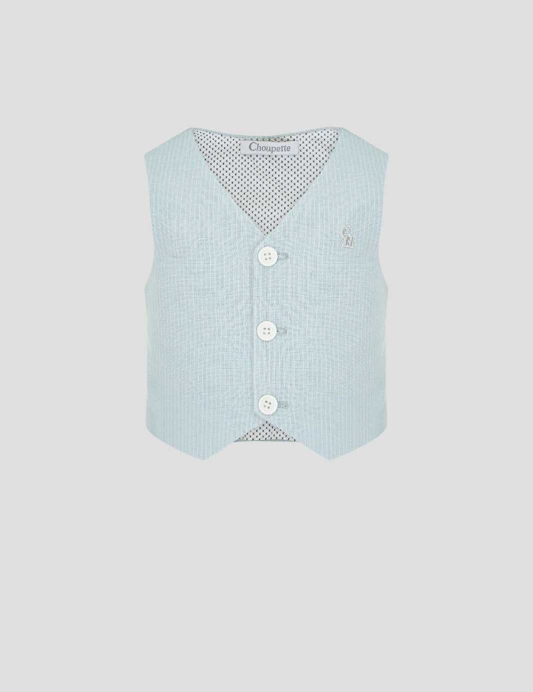 Pale blue pinstriped boys' waistcoat with white buttons