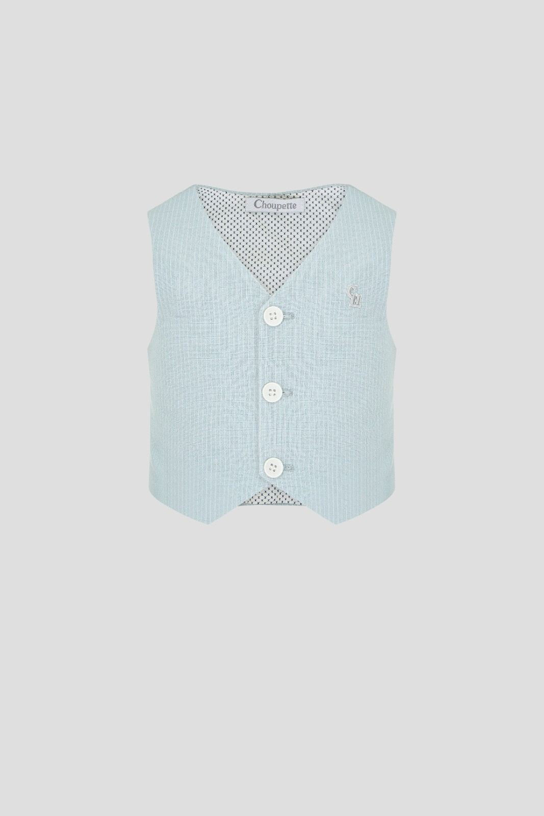 Pale blue pinstriped boys' waistcoat with white buttons