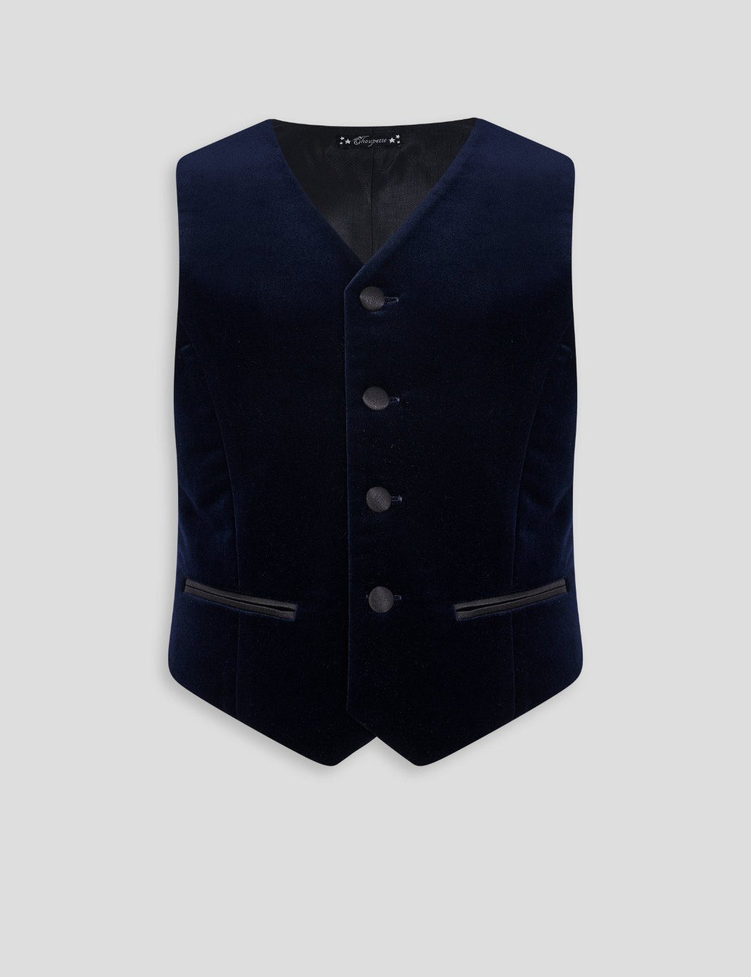 Navy velvet boys' waistcoat with black buttons and pocket trim