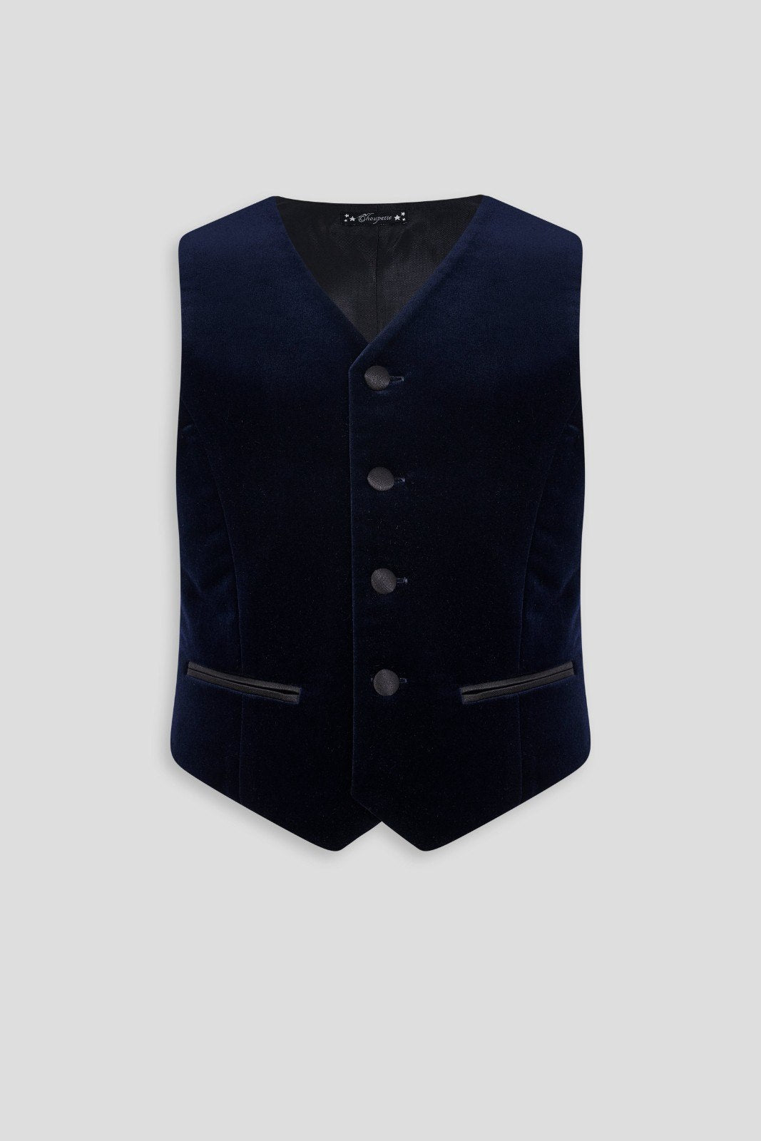 Navy velvet boys' waistcoat with black buttons and pocket trim
