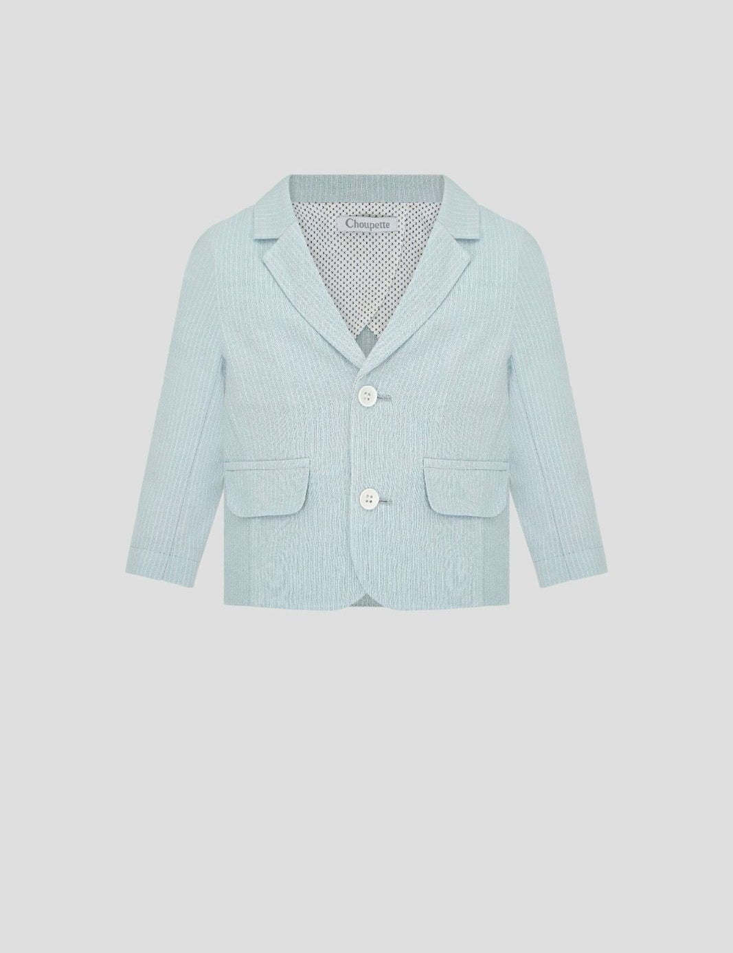 Light blue pinstriped boys' blazer with white buttons and patch pockets
