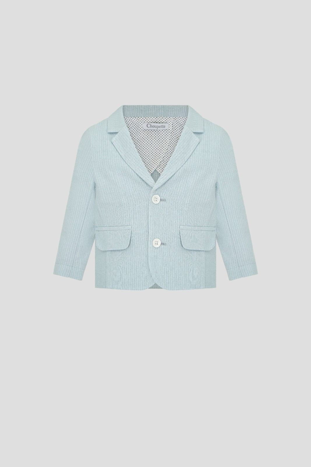Light blue pinstriped boys' blazer with white buttons and patch pockets