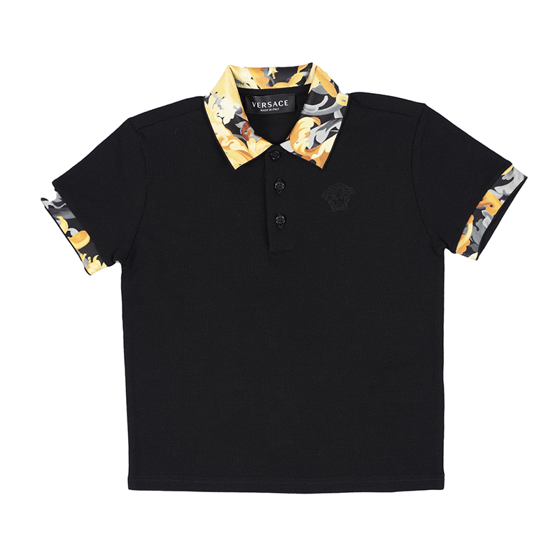 Black Polo Half T-Shirt with Yellow Flower Collar - Les Petits